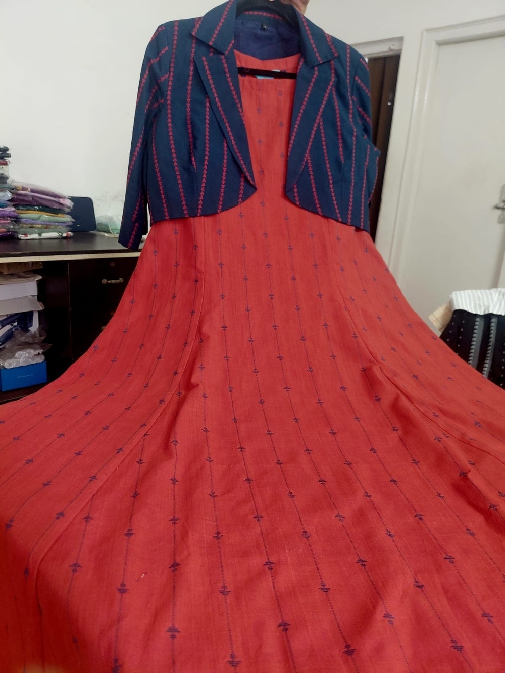 Ready To Ship Jamdani Red Printed A-Line Dress with Navy Over Coat